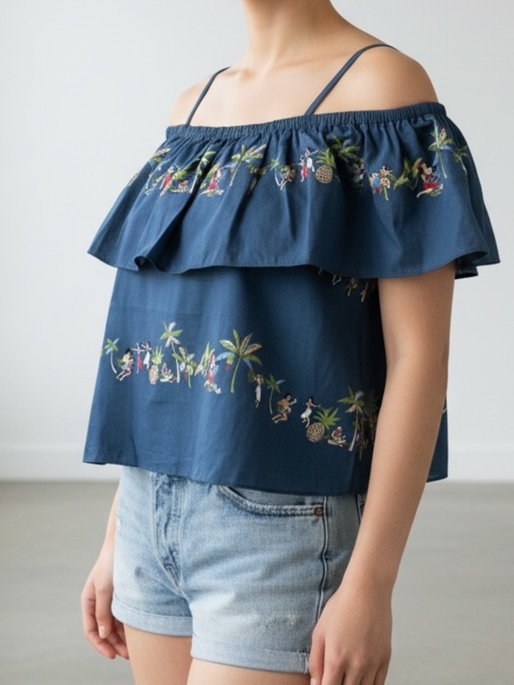 Rachel Antonoff Anthropologie Hawaiian Hula Girl Off Shoulder Ruffle Top sz XS
